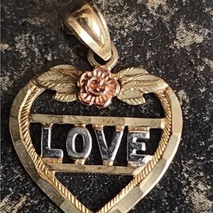 Real 10k Gold and Silver Heart Pendant with Rose Detail